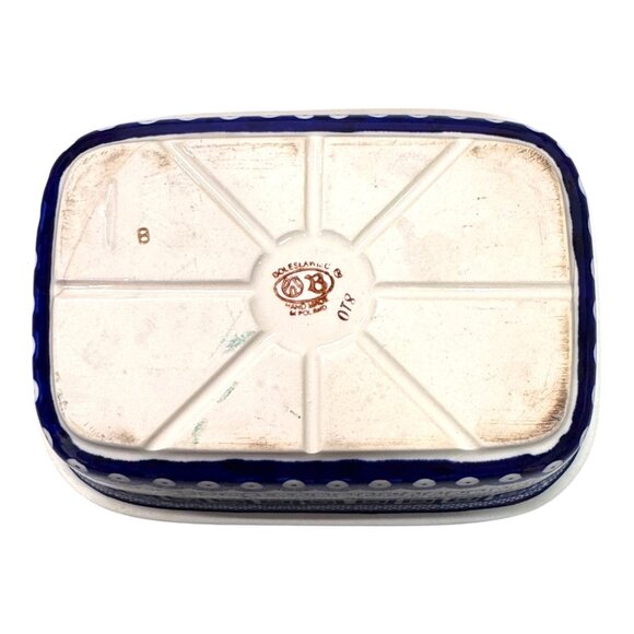 Boleslawiec Polish Pottery Peacock Baking Dish Loaf Pan Blue Red Dots Signed - Picture 10 of 10